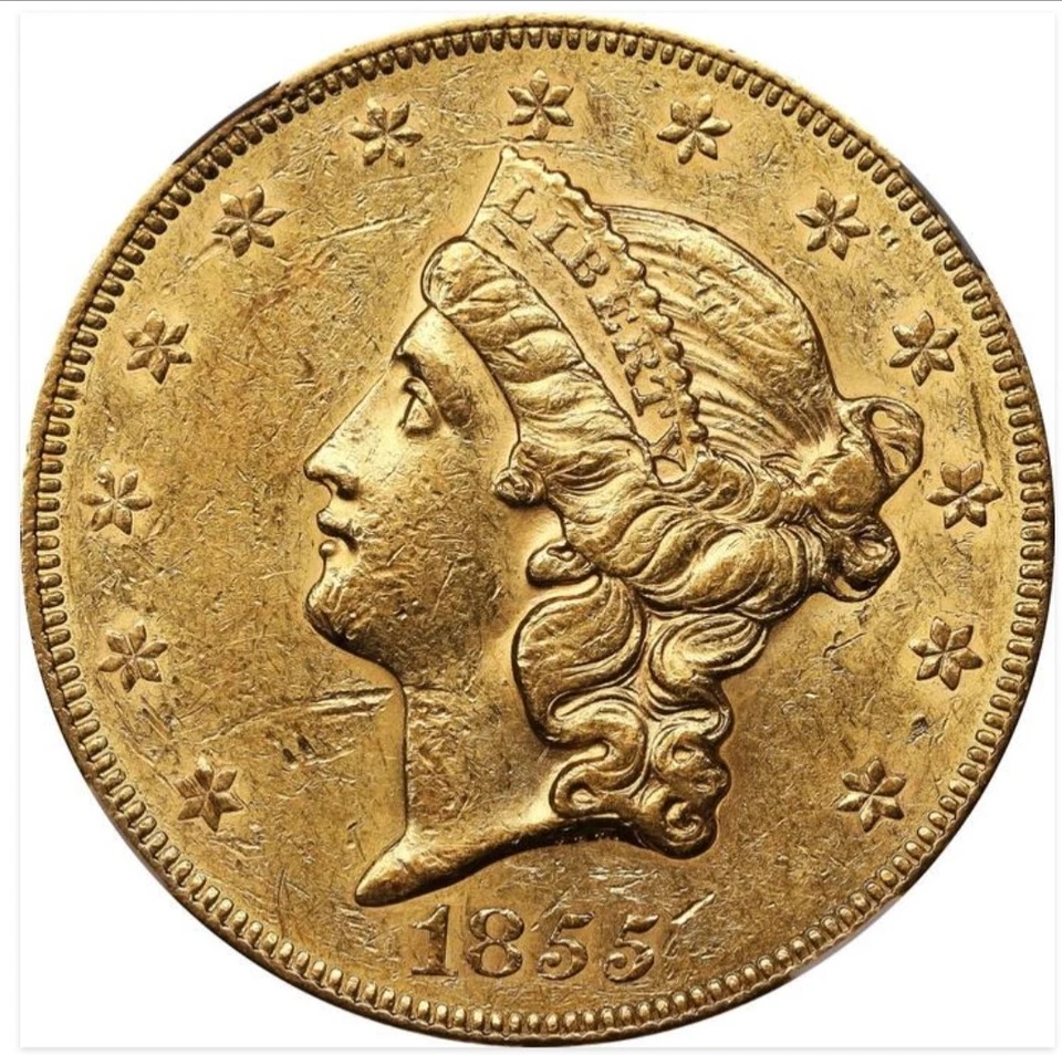 1855 $20 Liberty Gold Double Eagle NGC AU 58 - Imagem 3 de 4
