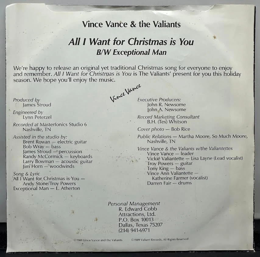 Vince Vance & The Valiants "All I Want For Christmas Is You" 1989 Valiant 45RPM - Image 2 of 4