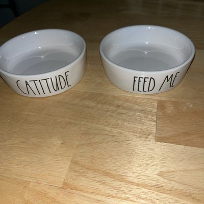 2 RAE DUNN ~ White Ceramic Catitude, Feed Me Cat Pet Food Water Dish Bowls Sh6