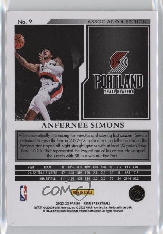 2022-23 Panini Noir Association Edition Holo Silver /49 Anfernee Simons #9 - Image 2 of 2