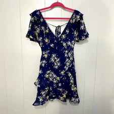 Lulus Spring Sweetheart Navy Blue Floral Flutter Sleeve Mini Dress S