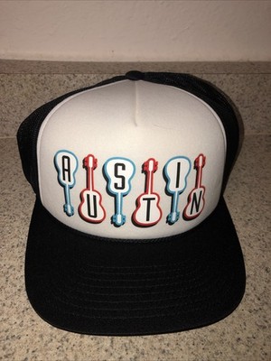Austin Texas Trucker Style Cap W/Graphic Of Musical Instruments. Black OSFA NWOT