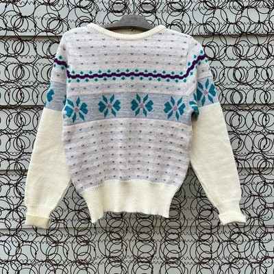 VTG Rockee USA fair isle ski gorpcore pastel ice blue wool knit sweater SMALL