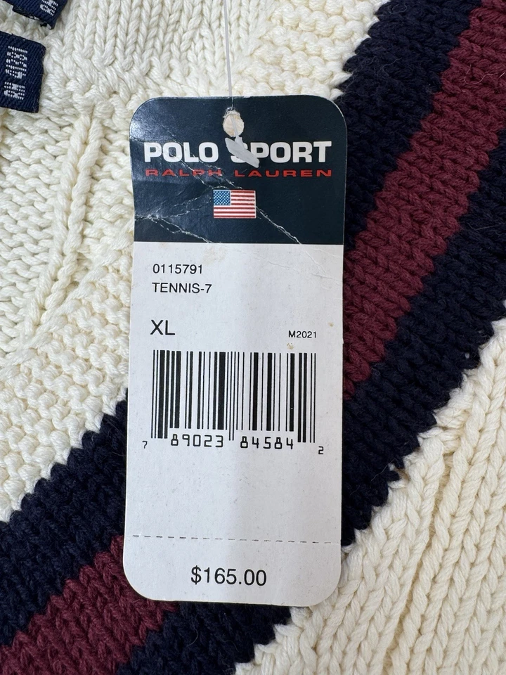 De Colección Años 90 Polo Deporte Ralph Lauren Tenis Suéter Chaleco Tejido a Mano Cable DEADSTOCK XL Foto 3 de 4