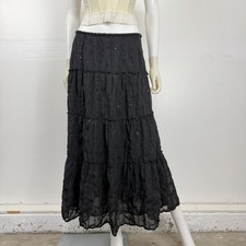 Y2K Black Sheer Overlay Tiered Maxi Skirt Sequins Sz S Fairy Grunge Whimsigoth