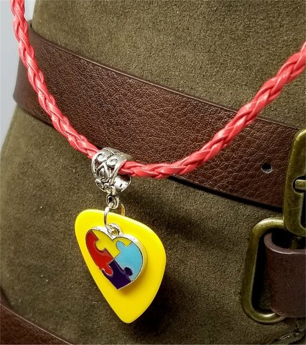 Autism Awareness Heart Charm on Yellow Guitar Pick Necklace on Red Braided Cord - Picture 2 of 3
