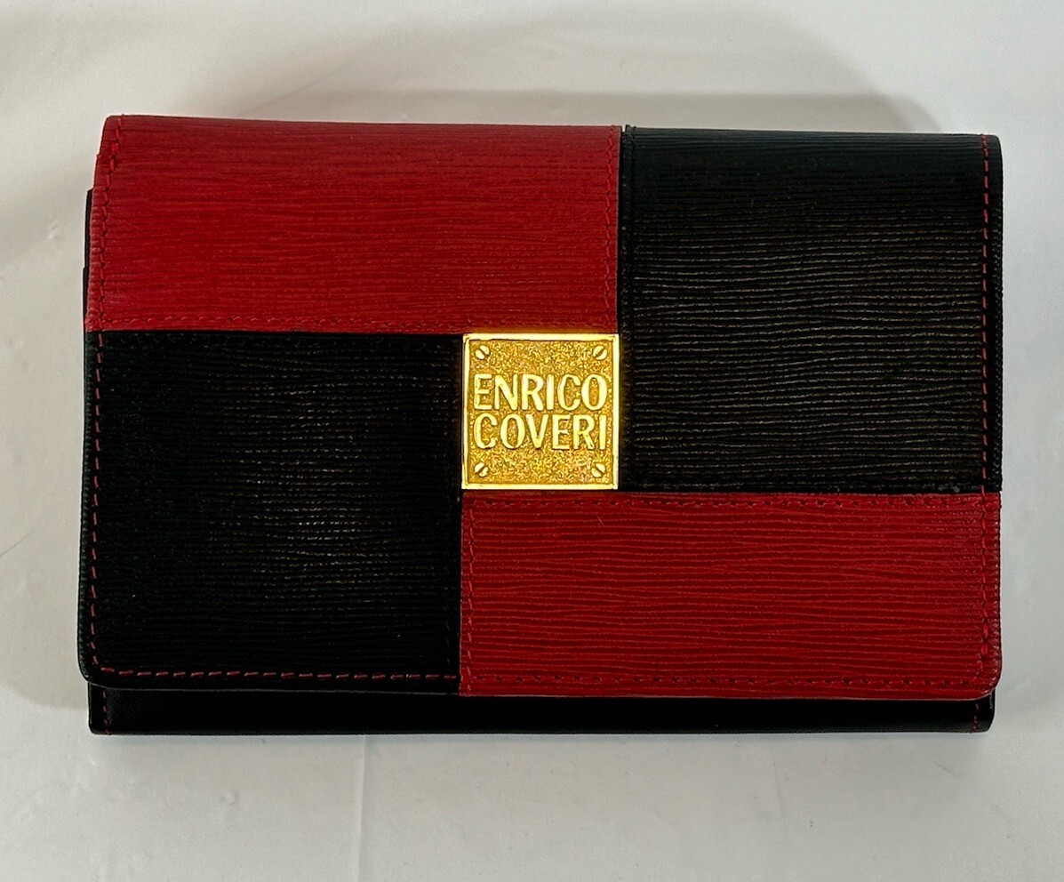 牛革 enrico coveri 財布 Enrico Coveri Checkered Leather Wallet Red Black NIB