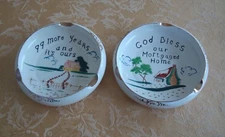 Two Vintage Round Caramic Ashtrays ~ White  W/ House in Center Gold Gilt Japan