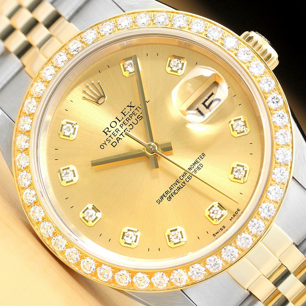 ROLEX MENS DATEJUST 16233 CHAMPAGNE 18K GOLD DIAMOND 1.60 CT BEZEL