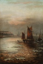 Romantisches Gemälde Das Anlanden der alten Segelschiffe (Gemälde 035-23)