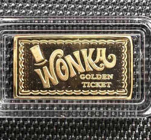 "WONKA GOLDEN TICKET"  2 Gram 999 Silver Bullion Bar In Capsule - 24k Gold Plate