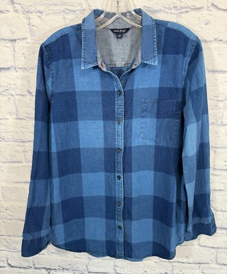 Lucky Brand Women's Large Denim Shirt Check Button Down Blue Color Block