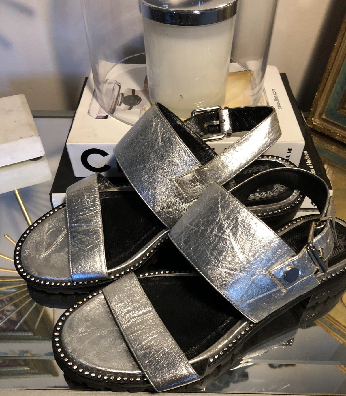 Sandale bracelet strass Christian DIOR Wanted peau d'agneau argent 39,5