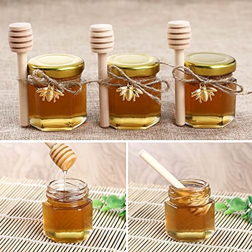 30 Pack Hexagon Mini Glass Honey Jars with Wood Dipper, Gold Lid, Bee Pendants - Picture 5 of 7