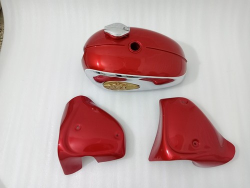 BSA A65 2 Gallon Cherry & Chrome Steel Petrol Tank + Side Panel + Badge + Cap - Picture 3 of 19