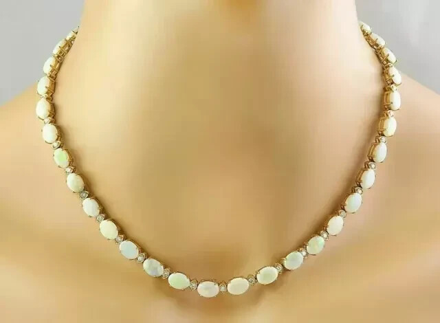 26 Ct Oval Lab Created Fire Opal Women's Tennis Necklace 14K White Gold Plated