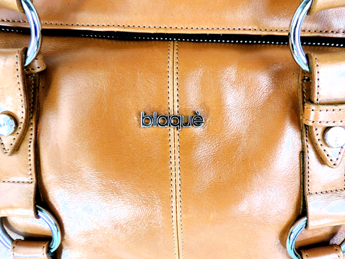 Borsa a tracolla pieghevole BLAQUE in pelle marrone cognac doppio manico zip VTGE - Foto 12 di 19