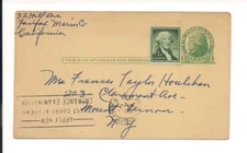 USA POSTAL CARD 1956 California to Mount Vernon, NY + 1 cent Jefferson + 1 stamp