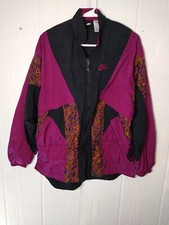 Vtg 80s Nike Track Jacket Women M Black Maroon Bold Pattern Festival Windbreaker