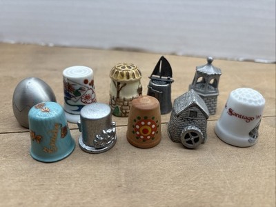 Vintage Lot Of 10 Thimble Estate Collection Pewter Ceramic Bone China Wood