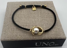 NEW Uno de 50 SER DIFERENTE 18k Gold Plated Black Thread Bracelet Shell Pearl