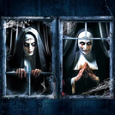 2PC Scary Nun Bloody Window Covers 47x31in Halloween Door Wall Horror Decor Set 