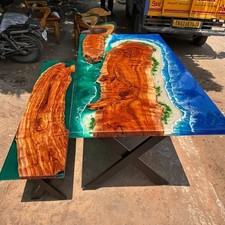 Ocean Blue Epoxy River Table ? Live Edge Walnut Wood Handmade