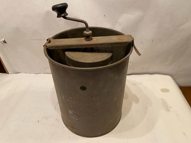 Vintage Antique Ice Cream Maker Freezer Hand Crank All Metal COMPLETE Set