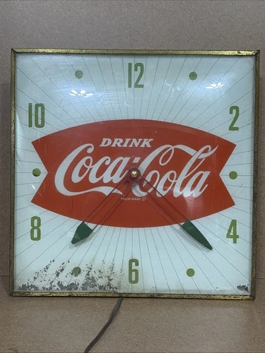 VTG 1960s Drink Coca Cola Fishtail Soda Pop 15” PAM Lighted Clock NEEDS REPAIR!!