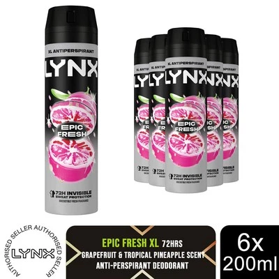 Lynx Anti-Perspirant Epic Fresh 72H Sweat & Odour Protection Deodorant, 6x200ml