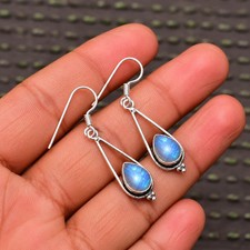 Natural Rainbow Moonstone 925 Sterling Silver Long Dangle Teardrop Earrings