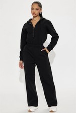 Women's Black 2-Piece Tracksuit Set Zip Hoodie  Sweatpants, Long Sleeve