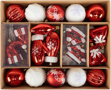 45Pcs Christmas Balls Ornaments Set, Red and White Christmas Tree Ornaments, Sha