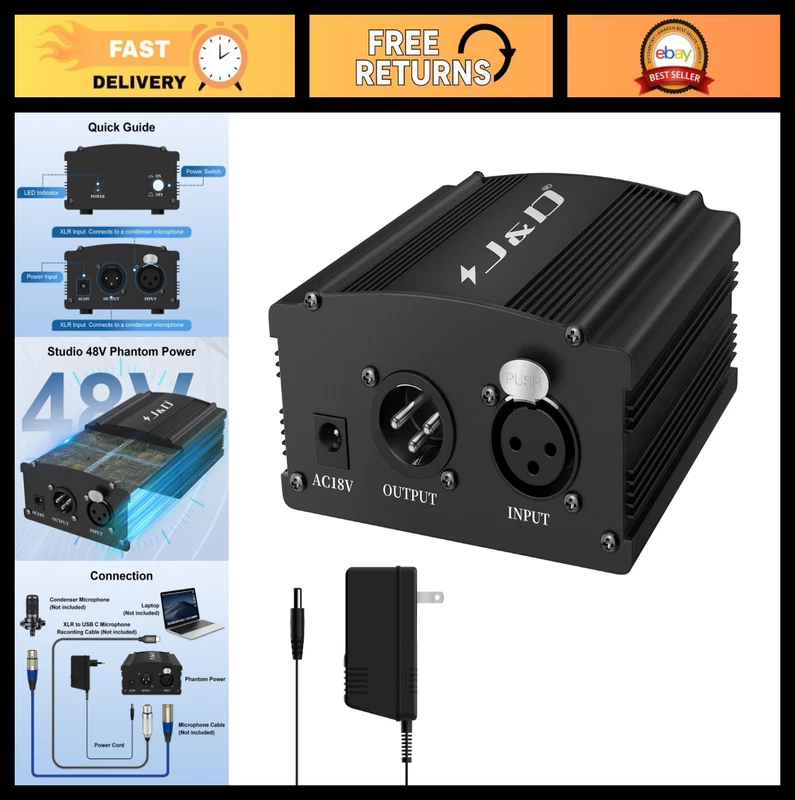 48V Phantom Power Supply for Condenser Microphones, 1-Channel Adapter, Studio Us