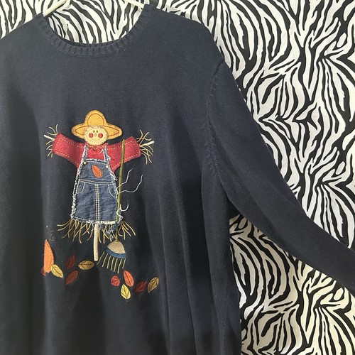 CJ BANKS Vintage handbestickter Pullover 2x blau Vogelscheuche Herbst Halloween - Bild 12 von 20