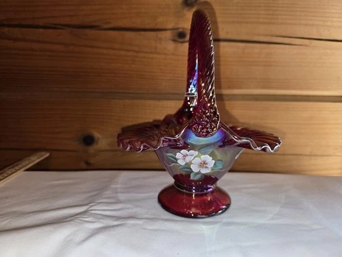 Fenton Vintage Glass Cranberry Ruby Red Floral Hand Painted Basket