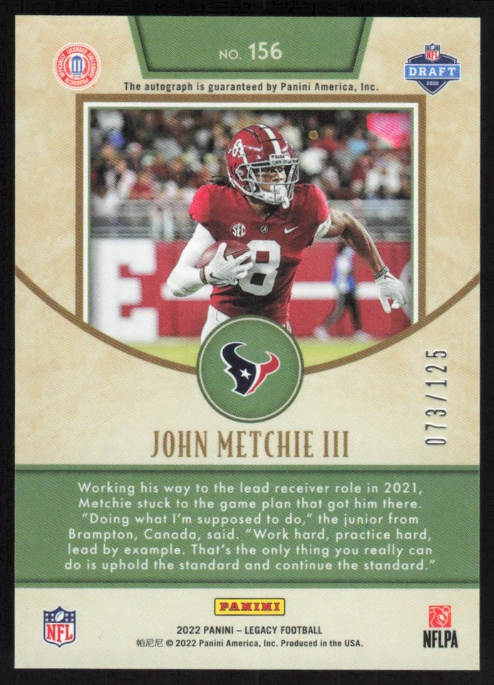 2022 Panini Legacy Rookie Penmanship Orange Auto John Metchie III /125 Texans - Image 2 of 2