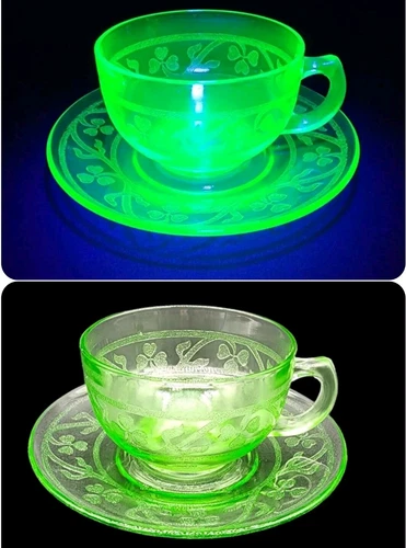 Vintage Hazel Atlas Uranium Glass Green CLOVERLEAF Depression Cup Saucer Set