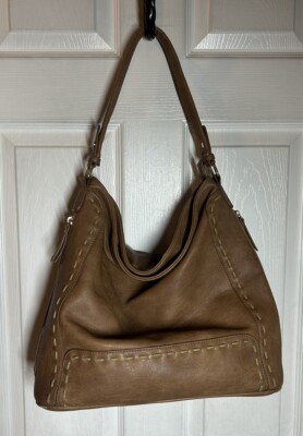 Sasha+Sofi Distressed Hobo Purse Vegan Leather in Tobacco With Stitching Detail