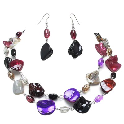 Burgundy Purple Black Gray Necklace Frosted Shell on Silver-Tone
