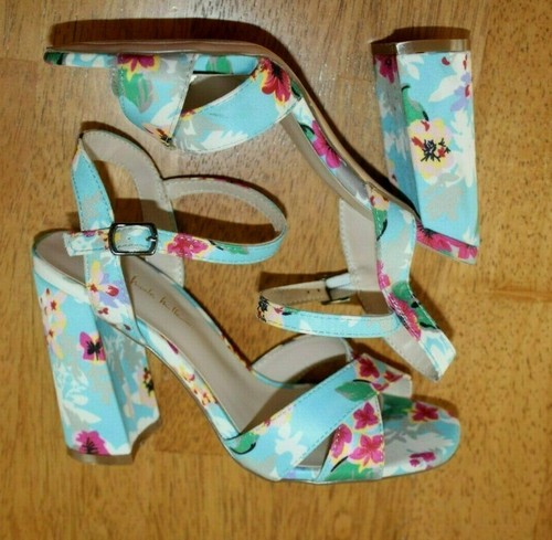 N by Nicole Miller Size 5.5M Barbara Light Blue Floral Block Heel Cloth Sandals - Picture 7 of 11