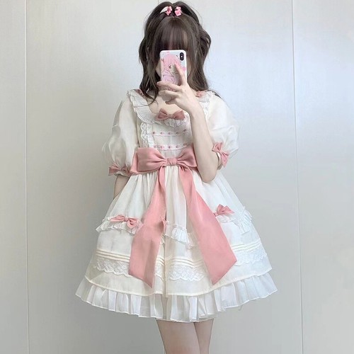 Vestido Lolita Kawaii Niñas Línea A Lazo Dulce Japonés Manga Corta Vestido Princesa - Imagen 4 de 5