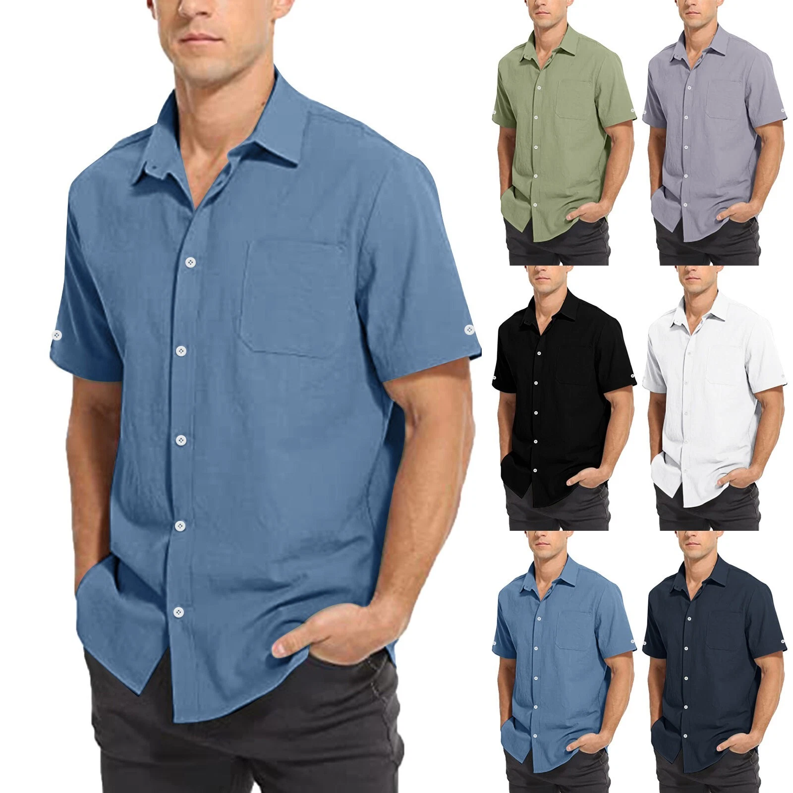 Mens Summer Casual Classic Solid Pocket Cotton Linen Shirt Short Sleeve Shirt
Opens in a new window 