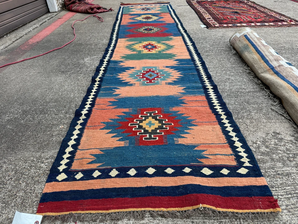 DE COLECCIÓN CORREDOR CAUCÁSICO 2x12 HECHO A MANO pavo geométrico azul oriental kilim largo Foto 2 de 4