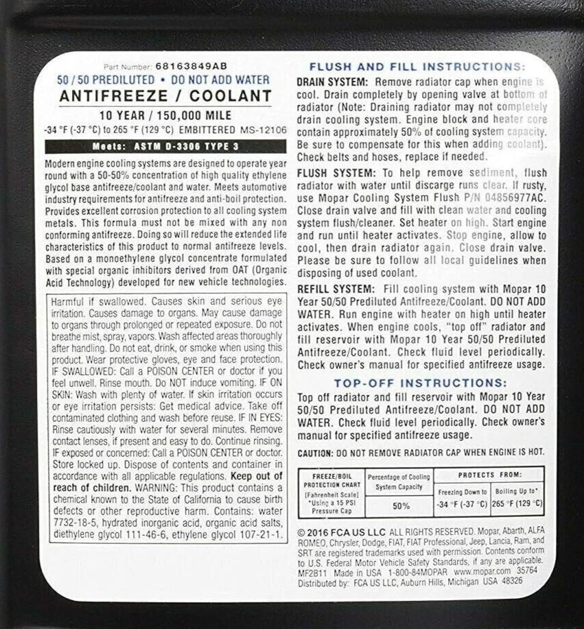 2015-2024 JEEP DODGE CHRYSLER RAM ENGINE ANTIFREEZE COOLANT OEM MOPAR GENUINE - Image 3 of 4