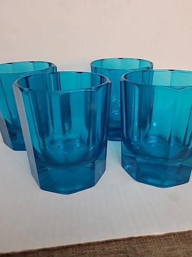 2 Vtg Sebastian Marcen Blue Lowball Glass Whiskey / Old Fashioned 9 Panel