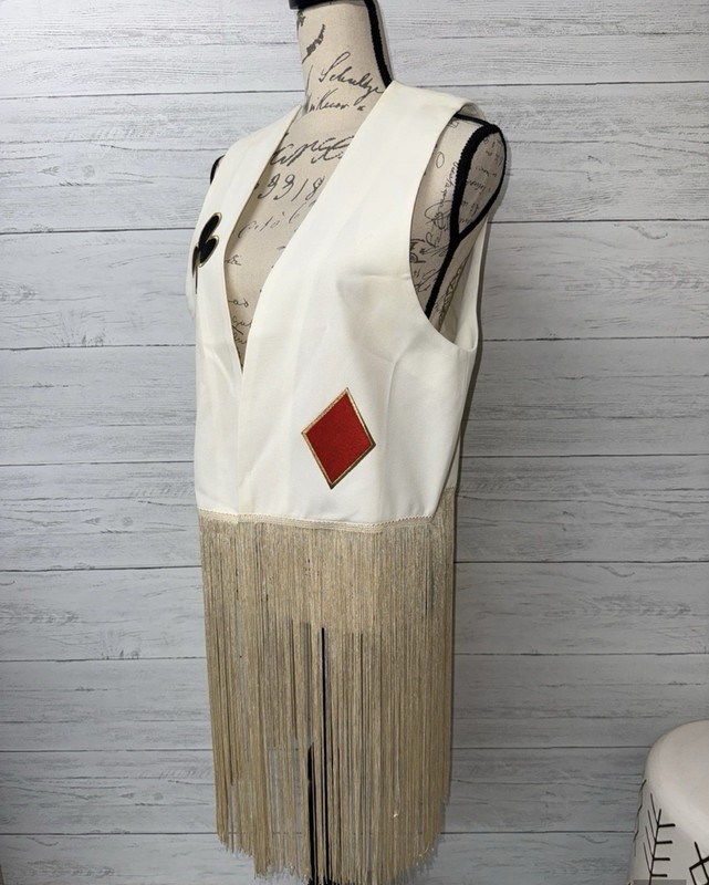 Delah White Long Fringe Appliqué Lined Open Front Vest Sz M