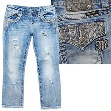 Miss Me Size 29 Signature Cropped Low Rise Denim Jeans Y2K Distressed Blue