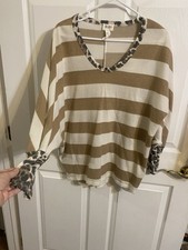 Bibi cream amd tan striped Blouse with leopard print trim Small