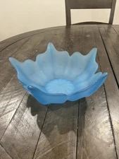 Viking Cobalt Blue Frosted Satin Glass Lotus Flower Candy Dish 10" MCM Vintage